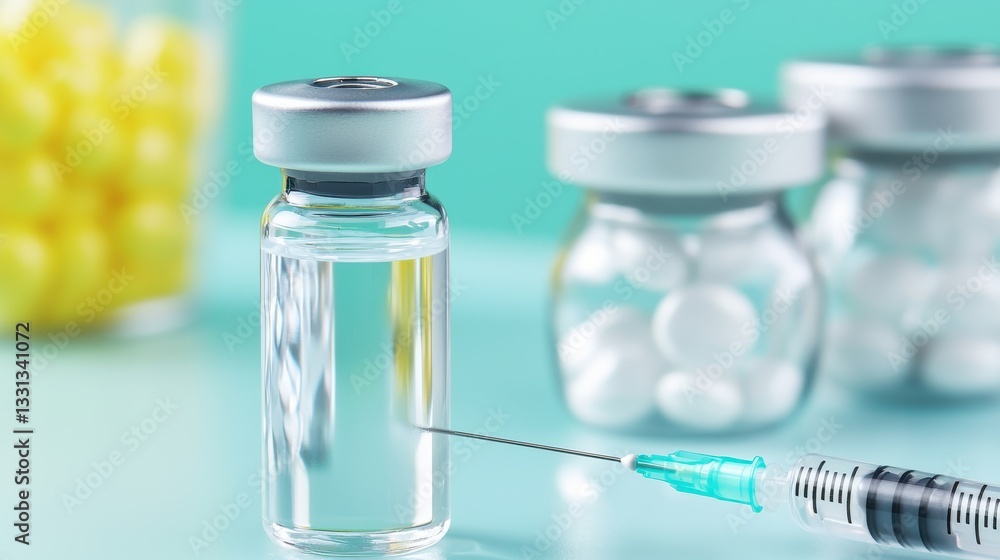 Medical Syringe and Vials with Liquid and Pills on Light Background Medical Syringe and Vials with Liquid and Pills on Light Background