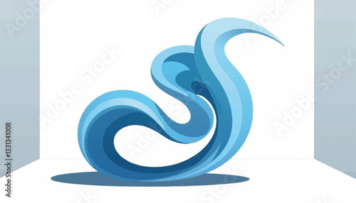 Sleek blue abstract sculpture on gallery wall, minimalistic design