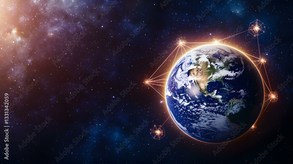 Obraz premium The image shows planet Earth in space, encircled by glowing lines connecting to several geometric shapes, suggesting a network or interconnected system within a cosmic background.