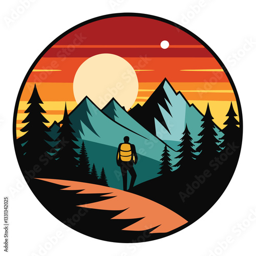 Vector of a hiker against the sunset