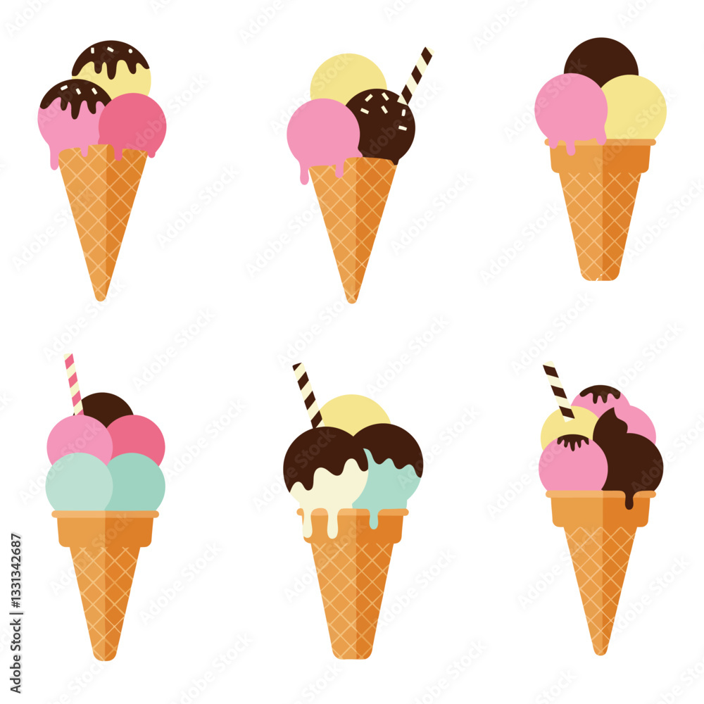 Ice cream cone variety flat design vector illustration showcasing different flavors and styles Ice cream cone variety flat design vector illustration showcasing different flavors and styles