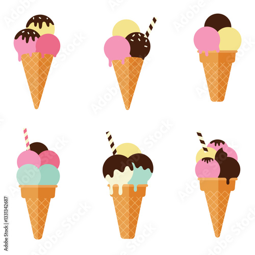Ice cream cone variety flat design vector illustration showcasing different flavors and styles
