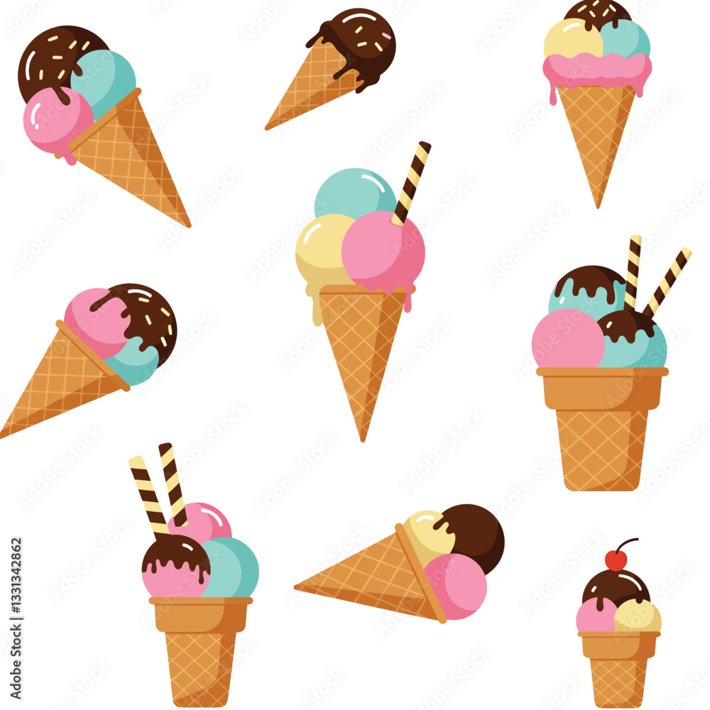 Ice cream cones in various flavors and designs, flat vector illustration Ice cream cones in various flavors and designs, flat vector illustration