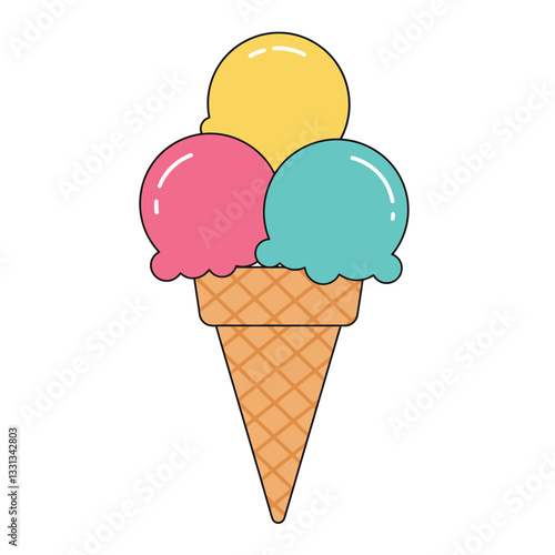 Colorful ice cream cone with three scoops in flat design vector illustration