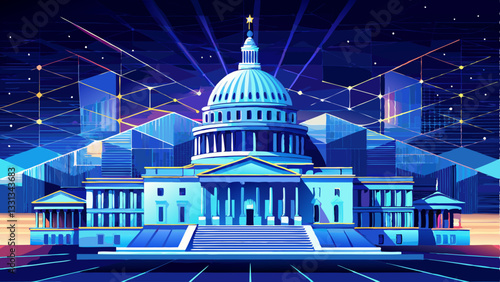 U.S. Capitol Building in Washington D.C., Glowing Blue Outline with Digital Network Effect