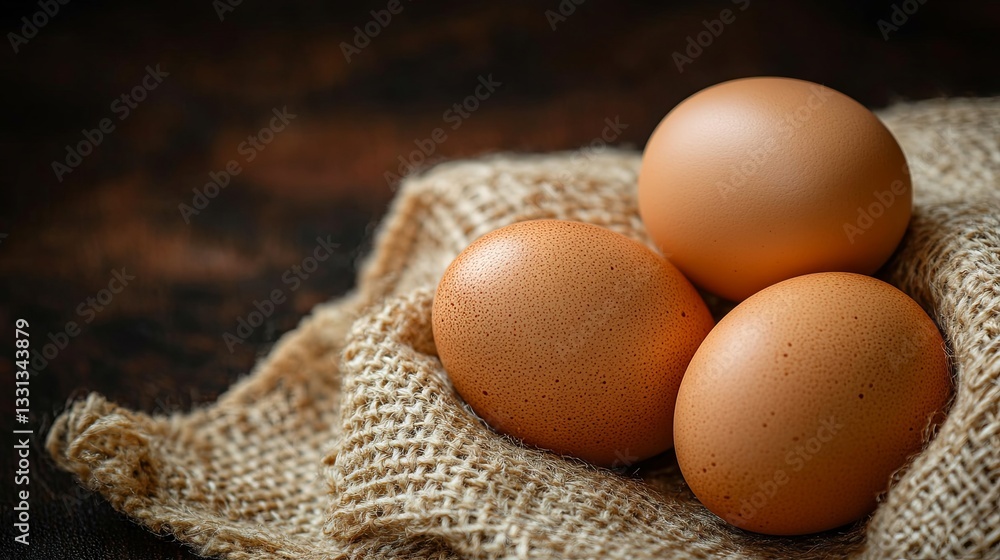 Eggs rest on burlap against a plain background with copy space Eggs rest on burlap against a plain background with copy space