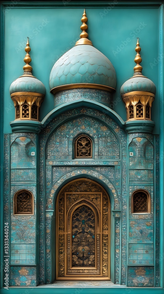Obraz premium Teal Mosque Facade, Intricate Door, Architectural Detail