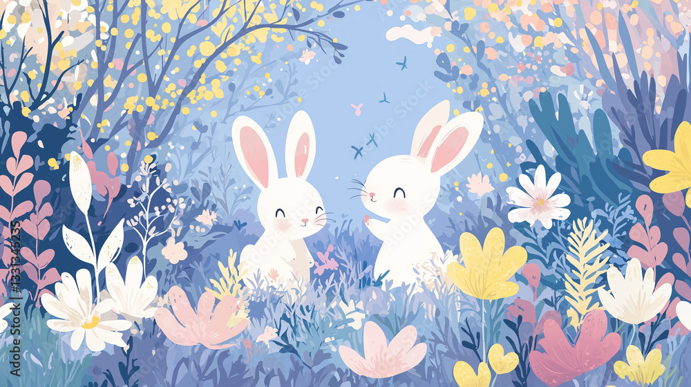 Hand-drawn whimsical Easter bunnies playing in a magical garden with pastel colors. Charming spring illustration perfect for holiday designs, greeting cards, and decorations Hand-drawn whimsical Easter bunnies playing in a magical garden with pastel colors. Charming spring illustration perfect for holiday designs, greeting cards, and decorations