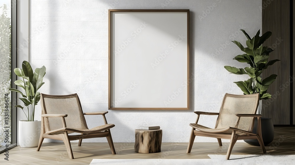 Fototapeta premium Bohemian Minimalist Living Room with Empty Frame Mockup