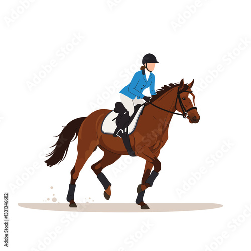 Equestrian rider in blue uniform on a galloping brown horse flat vector illustration