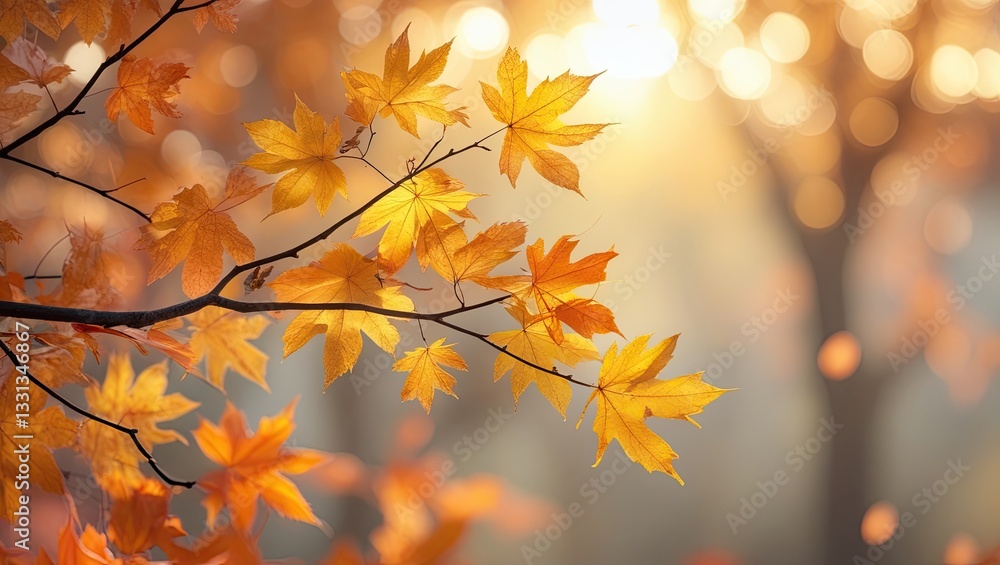 Golden Autumn Leaves Close-Up with Soft Bokeh Background Golden Autumn Leaves Close-Up with Soft Bokeh Background