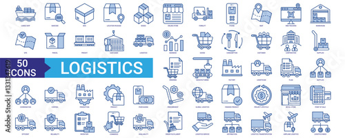 Logistics icon collection set. Containing cargo ship, purchasing, business, goods, consumption, customer, corporation, inventory, supplier, transportation icon. Simple blue vector.
