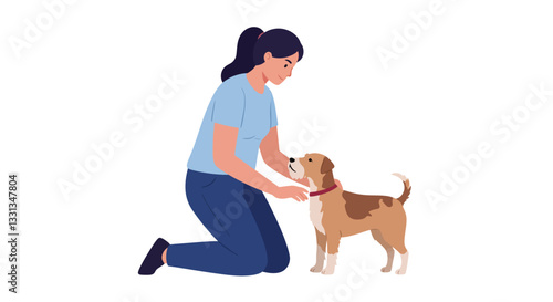 Woman kneeling beside happy dog in flat minimal vector art illustration