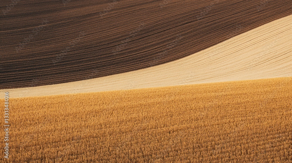 Golden Wheat Field with Rolling Brown Hills Under Clear Blue Sky in Soft Light Golden Wheat Field with Rolling Brown Hills Under Clear Blue Sky in Soft Light