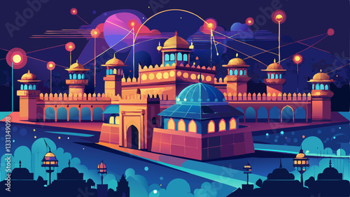 Ancient Fort Network Illuminated Architecture Meets Digital Connectivity at Night, New Delhi
