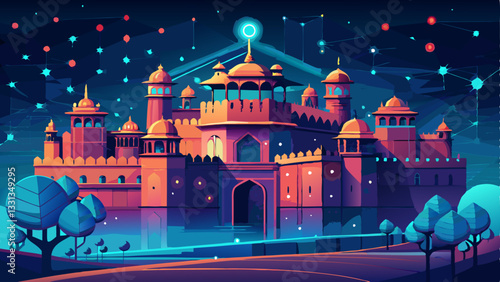 Ancient Fort Network Illuminated Architecture Meets Digital Connectivity at Night, New Delhi