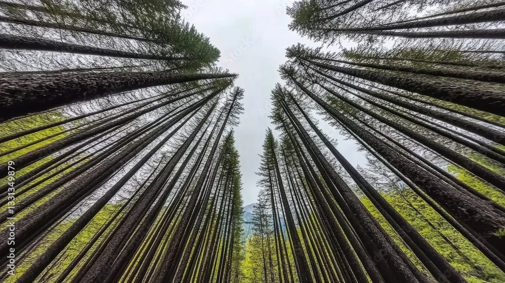 Upward View of Tall Trees in Lush Green Forest