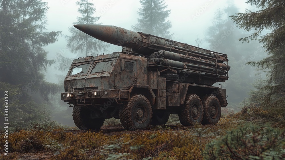 Obraz premium A military vehicle with a rocket launcher located in the forest symbolizes the wartime situation
