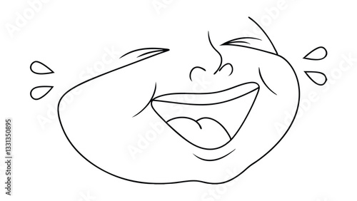 Line art drawing of a cartoon face expressing extreme happiness. Wide open mouth, big smile, closed eyes, and tears of laughter are depicted.