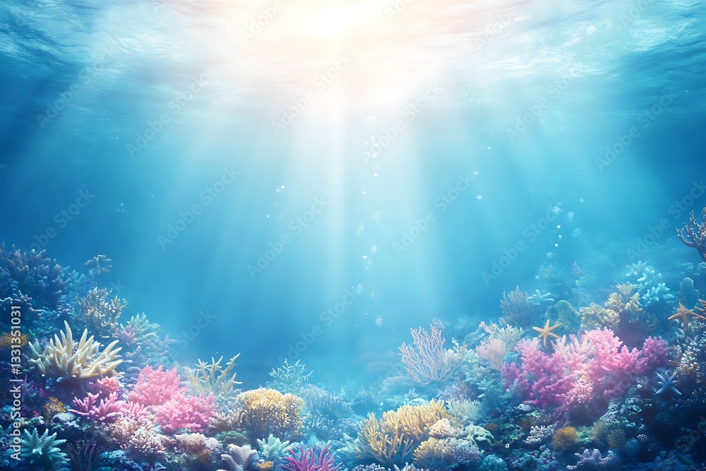 Fototapeta premium Coral reef under ocean sunlight, background bubbles, underwater view, used for travel/nature content
