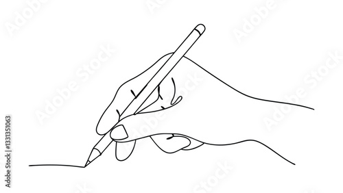 A minimalist line drawing depicts a hand holding a pencil, sketching a line on a white background. Simple, elegant, and expressive.