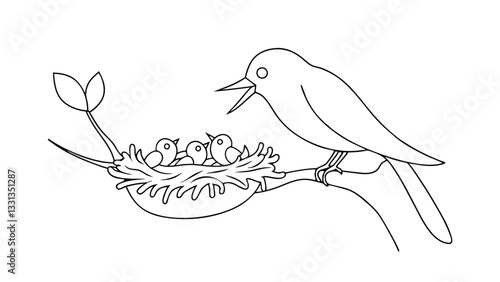 A line drawing shows a mother bird tending to her three baby birds in a nest built on a tree branch with budding leaves. The scene depicts parental care and spring.