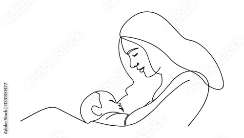 A singleline drawing depicts a mother gently breastfeeding her baby. The minimalist style emphasizes the tender bond between them. The image conveys warmth and love.
