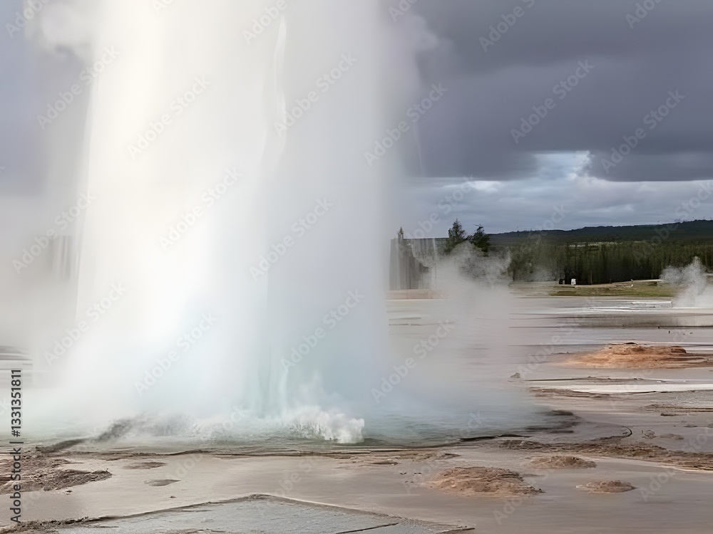 Yellowstone National Park Geyser Erupting, Hot Spring Landscape, Steam Cloud, Outdoors, Dramatic Sky. Yellowstone National Park Geyser Erupting, Hot Spring Landscape, Steam Cloud, Outdoors, Dramatic Sky.