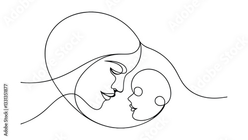 A minimalist line art drawing depicts a mother and baby in a tender embrace. The single continuous line creates a sense of unity and closeness, symbolizing maternal love.