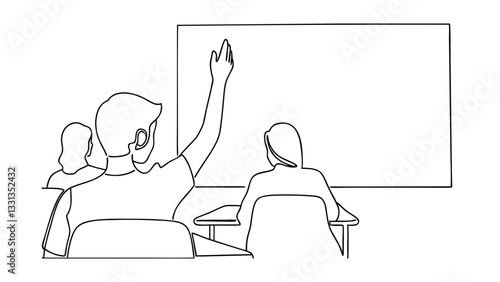 Line drawing depicts a classroom setting. One student raises their hand, seemingly to ask a question. Two other students are seated at desks in front of a blank whiteboard.