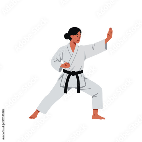 Karate practitioner in action pose with black belt, minimal style vector illustration