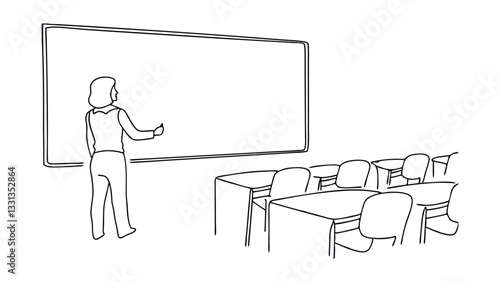 Line drawing of a woman giving a presentation at a whiteboard in a classroom. Empty desks and chairs are visible. Simple, minimalist style.