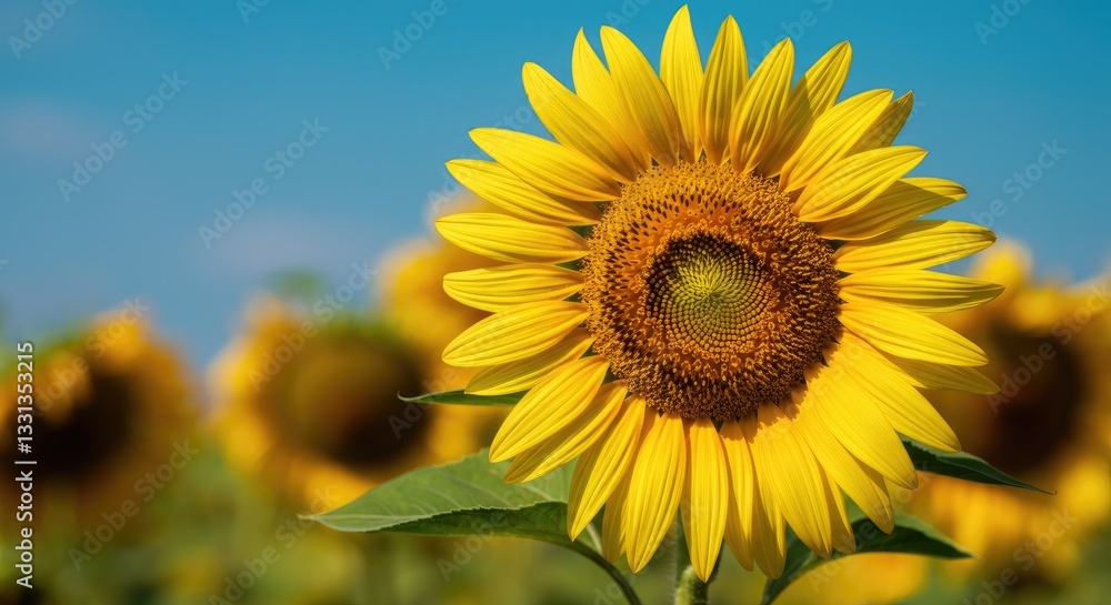 Close-up of vibrant sunflower in field, under clear blue sky Close-up of vibrant sunflower in field, under clear blue sky