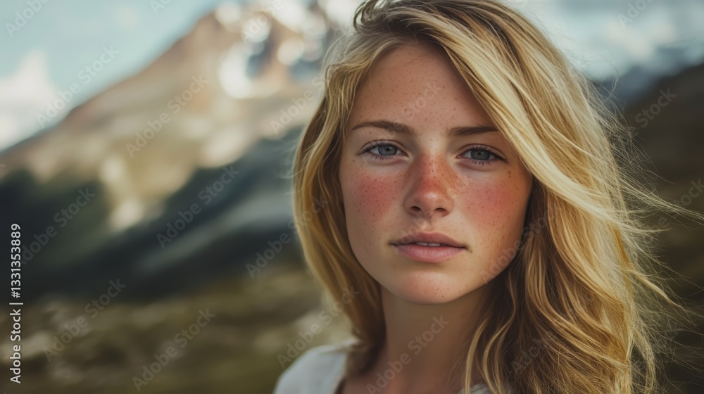Fototapeta premium Confident young woman with blonde hair and freckles posed against majestic mountain landscape
