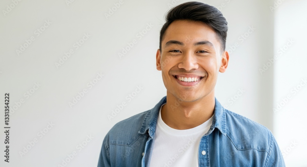 Smiling Asian man wearing casual denim shirt and white t-shirt Smiling Asian man wearing casual denim shirt and white t-shirt