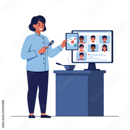 Chef presenting digital recipe on tablet with computer screen in flat vector illustration