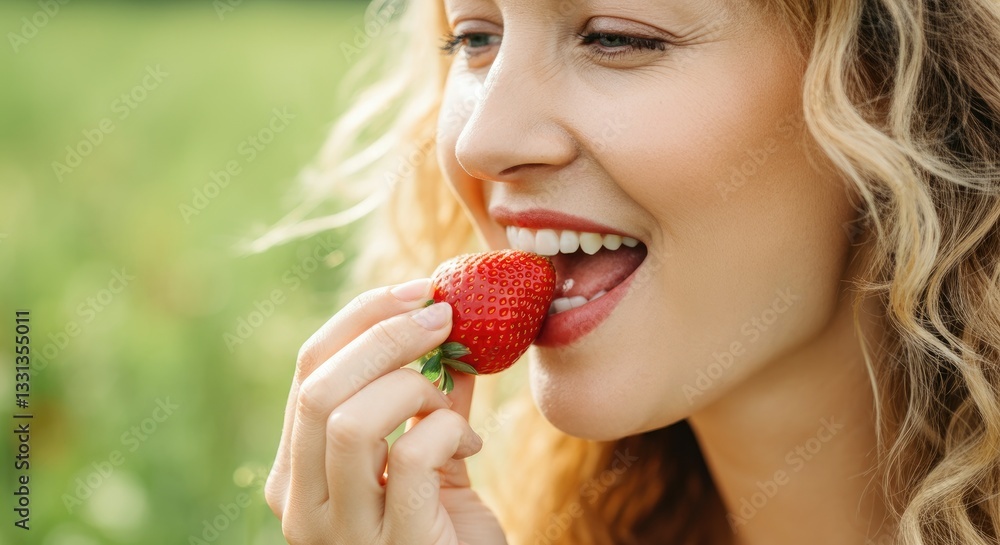 Woman enjoying fresh strawberry outdoors, blonde hair, close-up Woman enjoying fresh strawberry outdoors, blonde hair, close-up