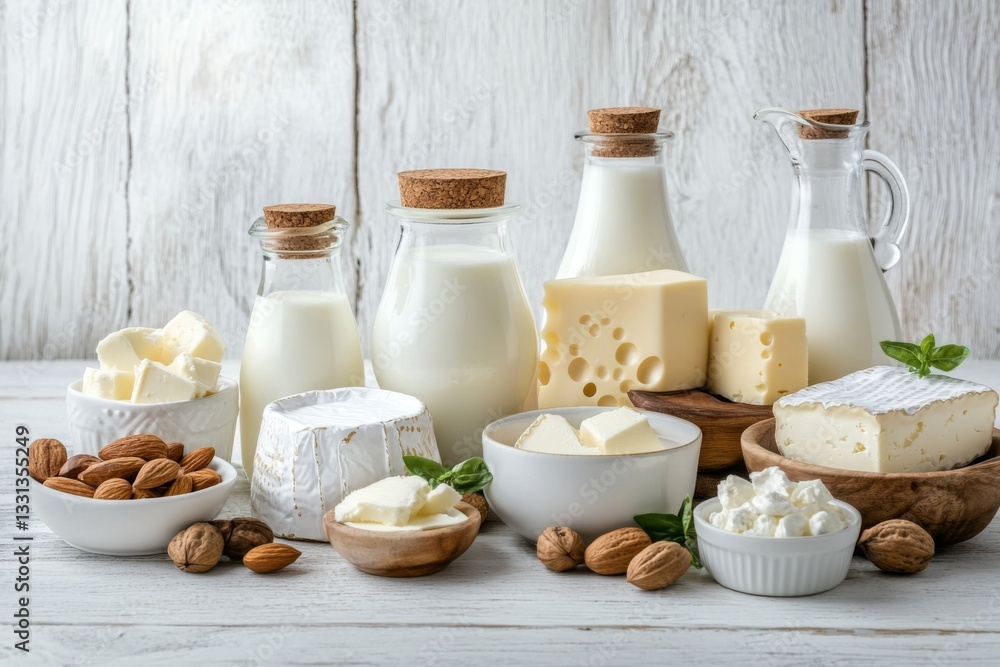 bottles with milk, cheese, butter on wooden light background bottles with milk, cheese, butter on wooden light background