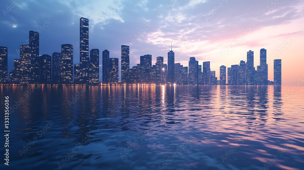 Fototapeta premium Coastal city skyline glowing during twilight with reflections high resolution picture
