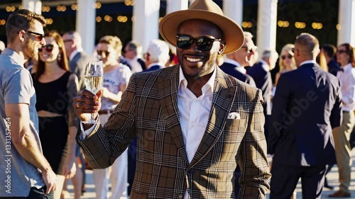 A well-dressed black man smiles confidently at a high-society horse racing event. He wears a stylish plaid blazer and a wide-brimmed hat. The racetrack buzzes with elegantly dressed attendees