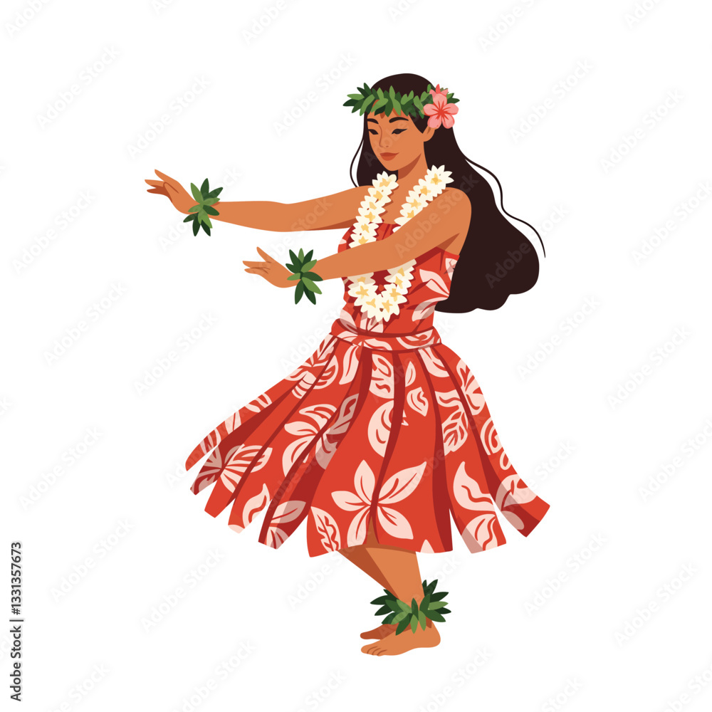 Hula dancer in vibrant floral dress performing dance in flat vector art Hula dancer in vibrant floral dress performing dance in flat vector art