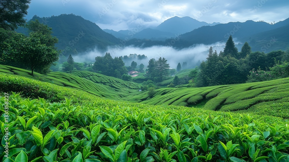 A lush green tea plantation stretches across rolling hills, bathed in soft morning sunlight, with misty mountains in the background adding to the serene countryside landscape. A lush green tea plantation stretches across rolling hills, bathed in soft morning sunlight, with misty mountains in the background adding to the serene countryside landscape.