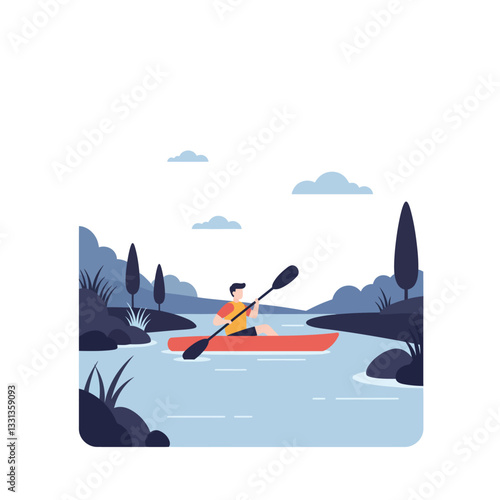 Kayaking on a serene river in flat design vector art