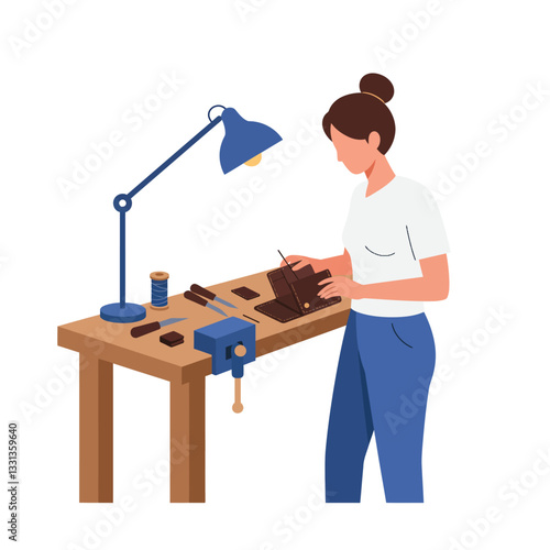 Woman working on leather crafting at a table with tools in flat vector art