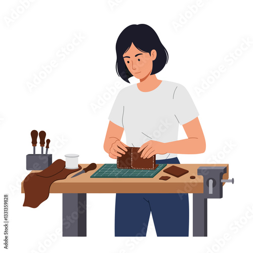 Woman working on leather crafting project in minimal vector art style