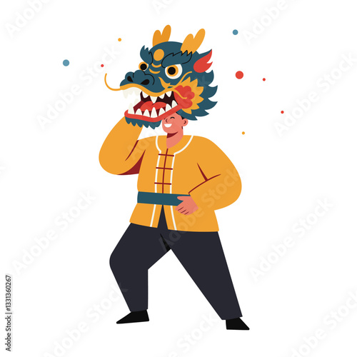Person wearing a colorful dragon mask in a flat vector illustration style