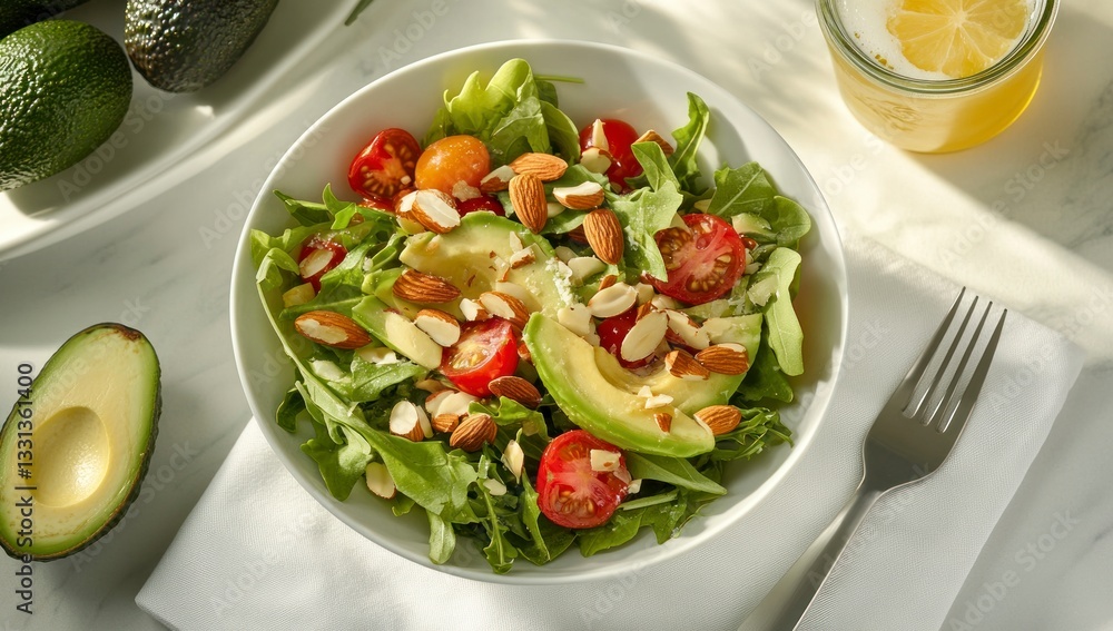 Preparing Healthy Avocado Salad with Tomatoes and Almonds for Nutritious Eating Preparing Healthy Avocado Salad with Tomatoes and Almonds for Nutritious Eating