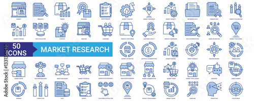 Market Research icon collection set. Containing branding, data, analysis, consumer, product trend, segment, target and competitor	icon. Simple blue vector.