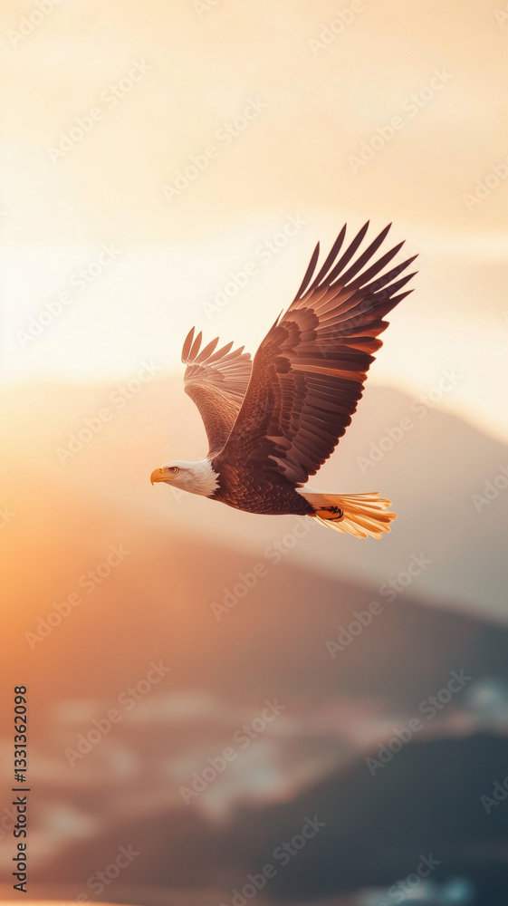Obraz premium Majestic bald eagle gracefully soaring over mountainous landscapes during a breathtaking sunset. Ideal inspirational phone wallpaper.
