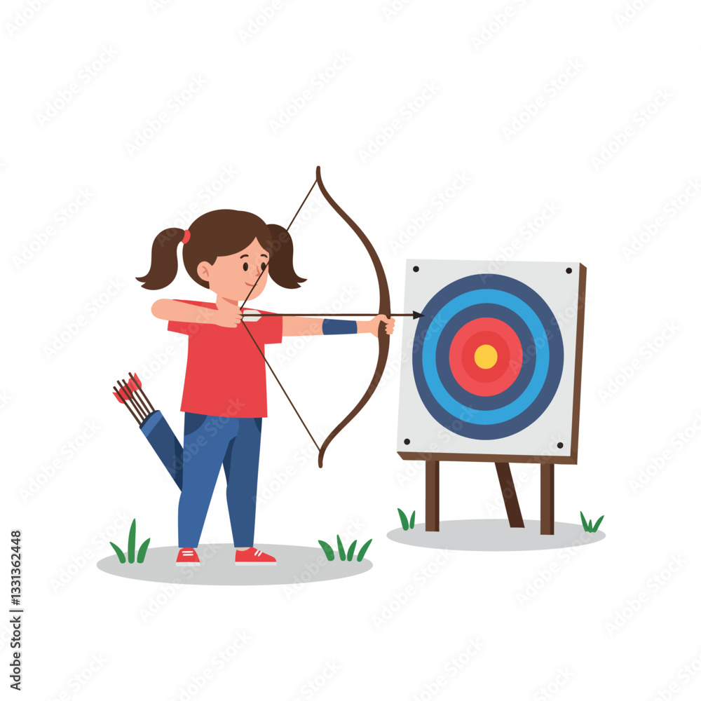 Young girl practicing archery with bow and arrow in flat vector art Young girl practicing archery with bow and arrow in flat vector art